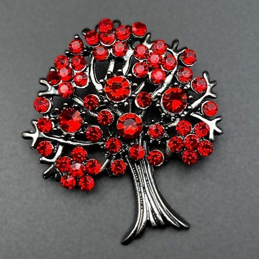 Gunmetal Gray with Dark Ruby Red Crystal Blooming Tree Pin Back Brooch